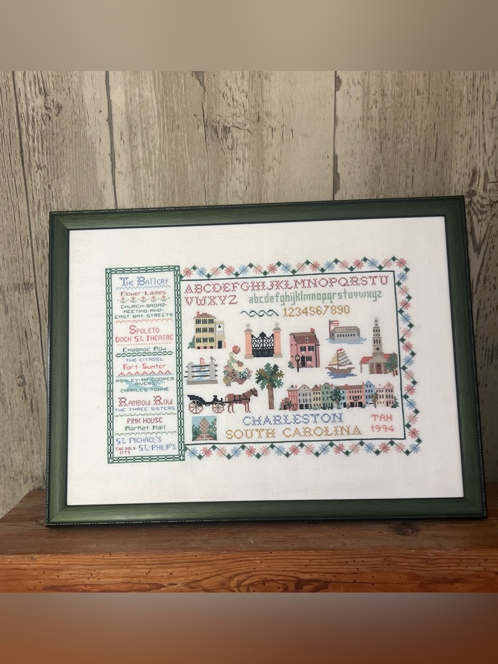 Framed Charleston South Carolina Cross-Stitch Sampler in Green Frame 1994